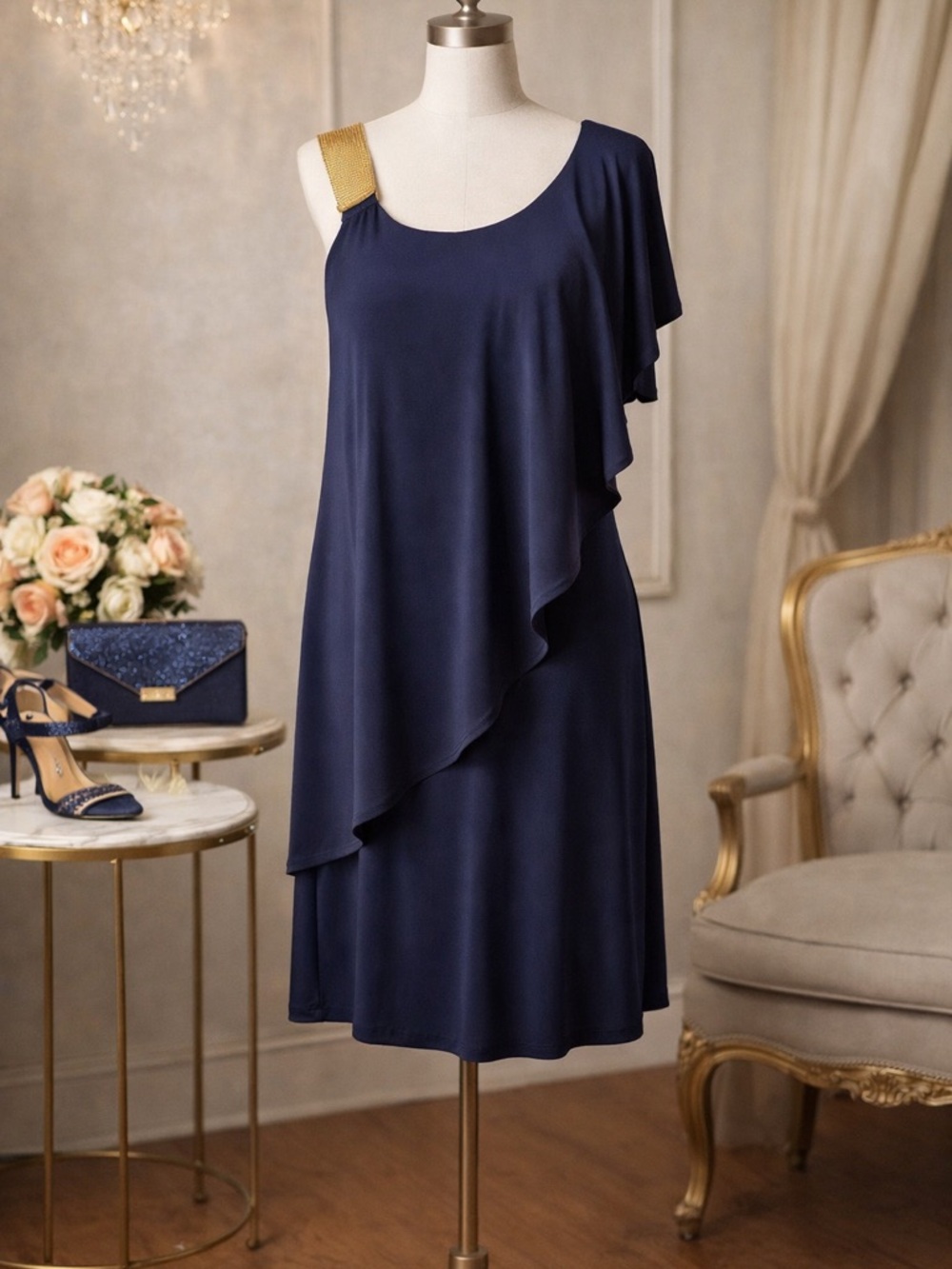 One shoulder, tiered, navy color dress from Betsey & Adam.  size 8 Petite